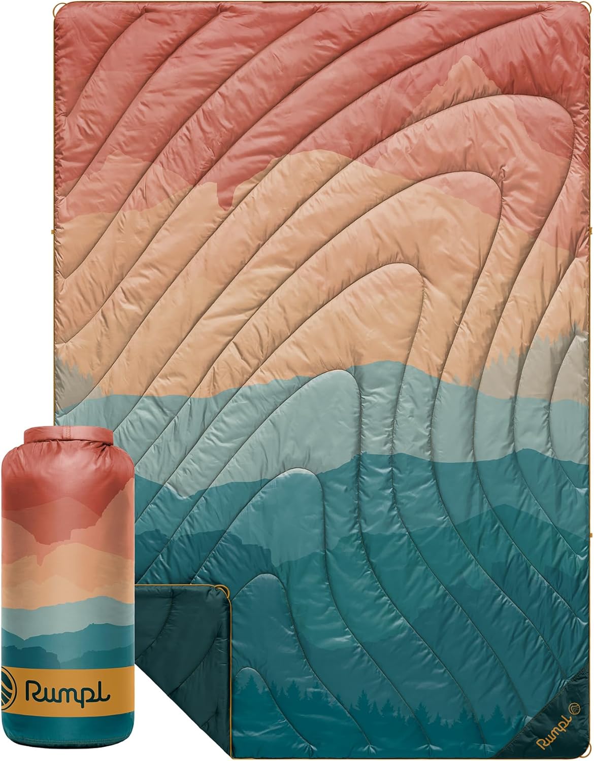 Rumpl Original Puffy Blanket - Warm, Water-Resistant Camping Blanket with 100% Recycled Synthetic Insulation, 52"x75", Original Puffy V2, Rocky Mountain Sunset Fade