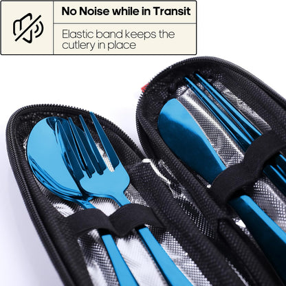 Travel Utensils with Case, Quatish Portable Silverware Set for Work, Stainless Steel Reusable Travel Cutlery Set, Fork and Spoon Set for Camping, Picnic, Gadgets, Lunch Box for Men, Blue