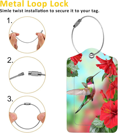 2 Pack Hummingbird with Hibiscus Luggage Tags for Suitcases,Hummingbird with Flower Leather Baggage Suitcases Tag Name ID Label Privacy Cover Travel Bag Tags for Women Men Boys Girls