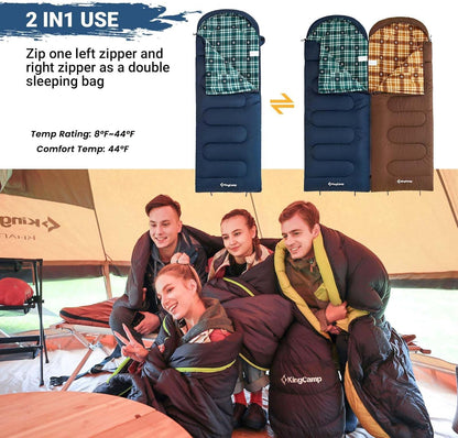 KingCamp Sleeping Bag for Adults, Cold Weather & Warm XL Big and Tall Flannel Sleeping Bags with Compression Sack Portable Waterproof Essentials Gear Accessories for Outdoor Camping