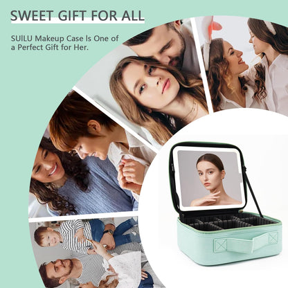 Makeup Bag with Led Mirror,Travel Makeup Organizer with 3 Color Setting, Portable Storage and Adjustable Dividers Travel Makeup Bag(light green)