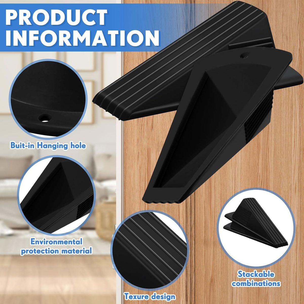 Frienda 2 Pcs Jumbo Door Stoppers Heavy Duty Door Stopper Tall up to 2inch Tall Wedge TPR Large Wedge Stackable Big Rubber Doorstop for Hotel Carpet Hardwood Concrete and Tile (Black)