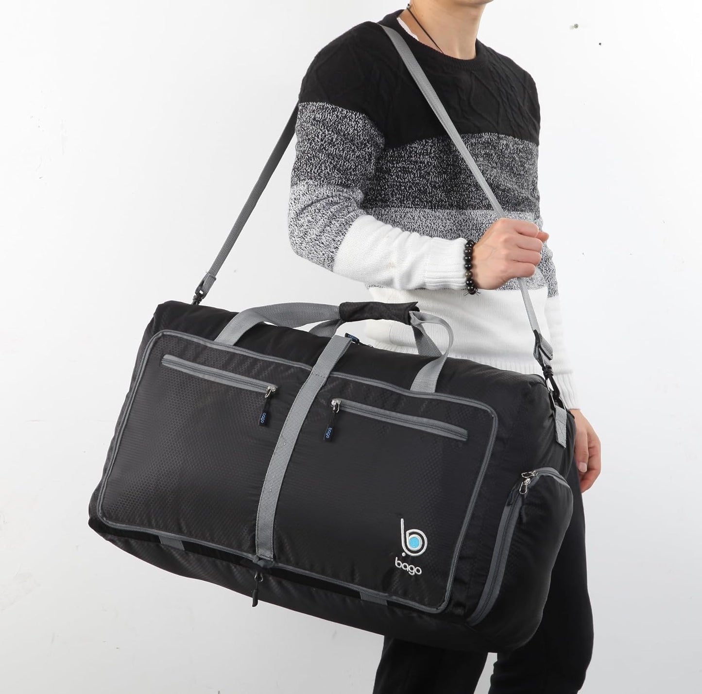 Bago Foldable Duffel Bags for Traveling Women & Men - 60L Medium Packable Duffle Bag for Travel with Shoe Compartment - Water Repellant, Heavy Duty, Lightweight Folding & Collapsible (Black)
