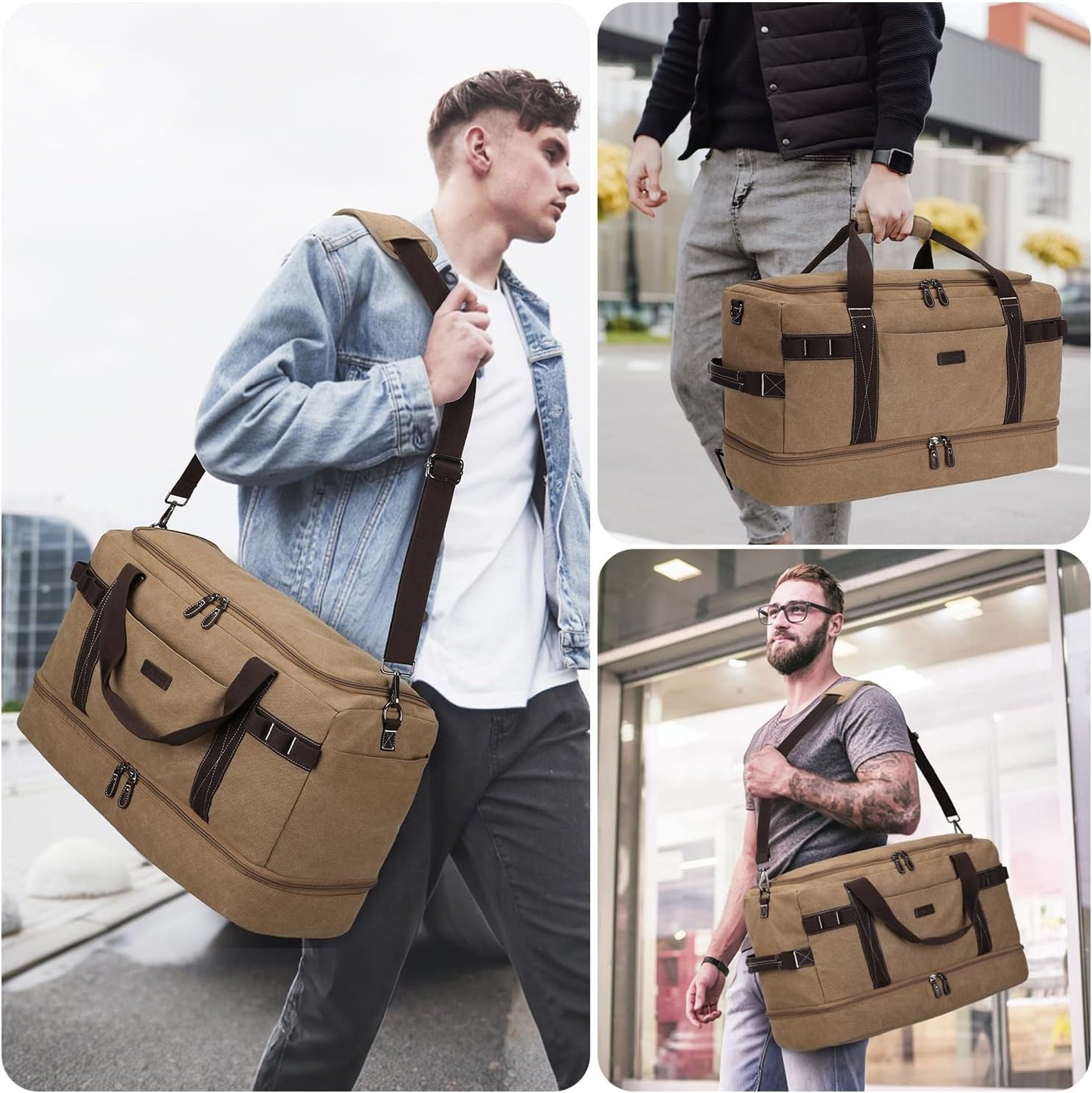 ZOMFELT Travel Duffle Bag for Men, Waterproof Canvas Overnight Duffel Bag with Removable Dividers & Shoe Compartment, Carry On Weekender Gym bag, Multi-Pocket & Vintage Design (Washed Brown)