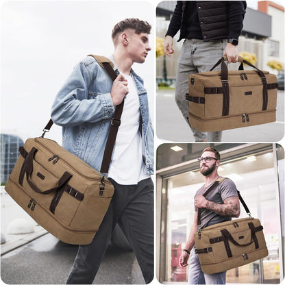 ZOMFELT Travel Duffle Bag for Men, Waterproof Canvas Overnight Duffel Bag with Removable Dividers & Shoe Compartment, Carry On Weekender Gym bag, Multi-Pocket & Vintage Design (Washed Brown)