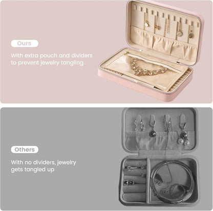 Lolalet Travel Jewelry Case for Women Girls, Travel Jewelry Organizer Box with Mirror & Clear Storage Bag, Small Portable Earring Necklace Bracelet Ring Case, Birthday Christmas Gifts -Large, Pink