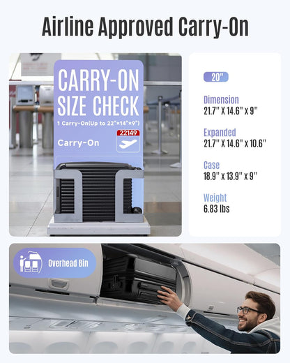 LIGHT FLIGHT Carry On Luggage 22x14x9 Airline Approved, Durable Hard Shell Carry On Suitcases with Wheels, Expandable Hardside Lightweight Travel Luggage with TSA Lock 20 Inch Carry on, Black