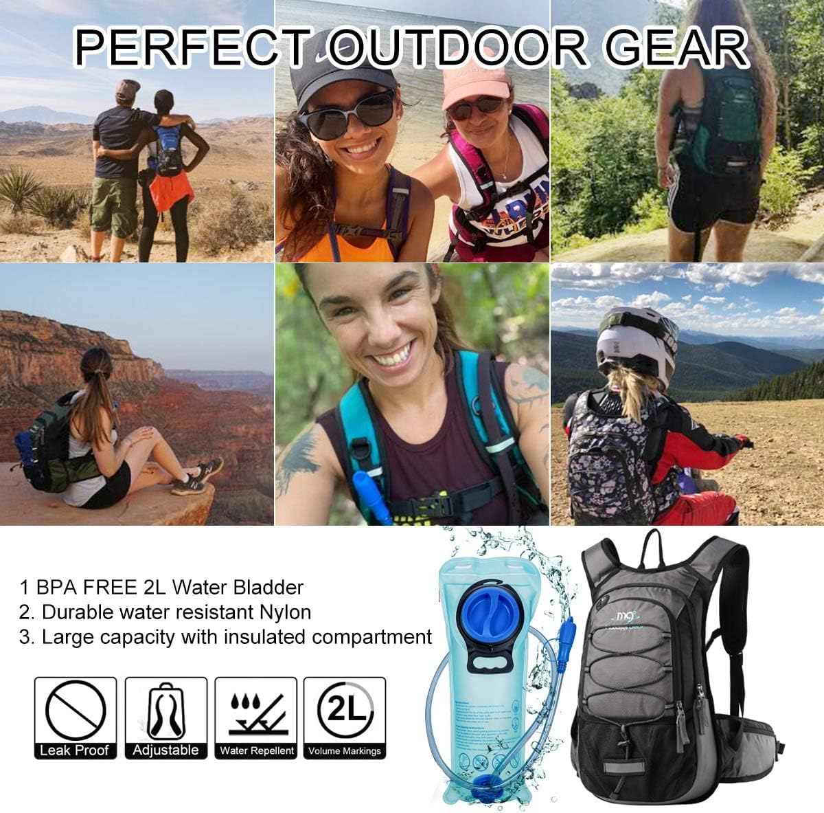 15L Insulated Hydration Backpack Pack with 2L Water Bladder Lightweight Hiking Backpack Bag for Women Men Daypack for Hiking Running Festival Camping Biking