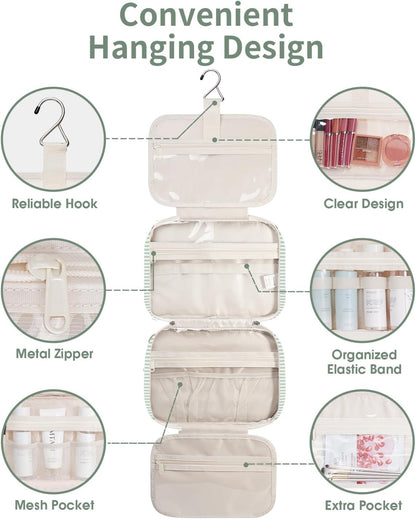 Narwey Striped Hanging Toiletry Bag for Women Travel Makeup Bag Organizer Toiletries Bag for Travel Size Essentials Accessories Cosmetics (Mint Green Stripe (Medium))