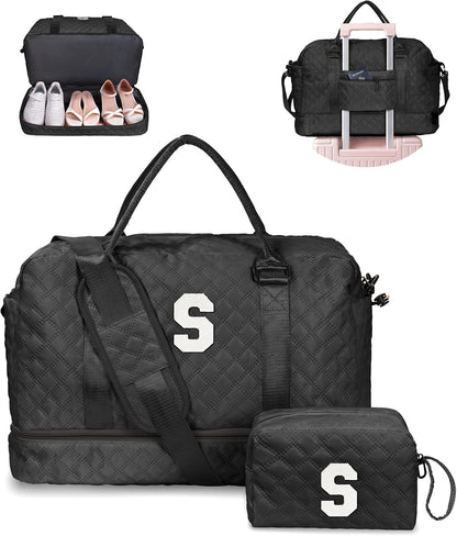 Gifts for Granddaughter-Initial Duffle Bag with Shoe Compartment, Personalized Weekender Bag, Monogram Overnight Bag, Letter Travel Bag with Makeup Bag，Daughter Friend Gifts (Letter S)