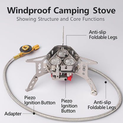 Windproof Camping Stove, Portable Camping Stove with Piezo Ignition, Collapsible Design with Carrying Casefor Outdoor Hiking, Backpacking, Picnic & Emergency Cooking (5200W)