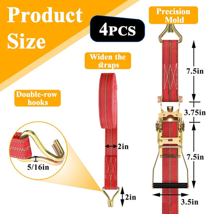 4Pack Heavy Duty Ratchet Straps, 2” 32Ft Ratchet Tie Down Strap, Tie Down Ratcheting with Double J Hook, 4000 LB Break Strength Cargo Straps Ratcheting for Moving Cargo, Lawn Equipment and Motorcycles