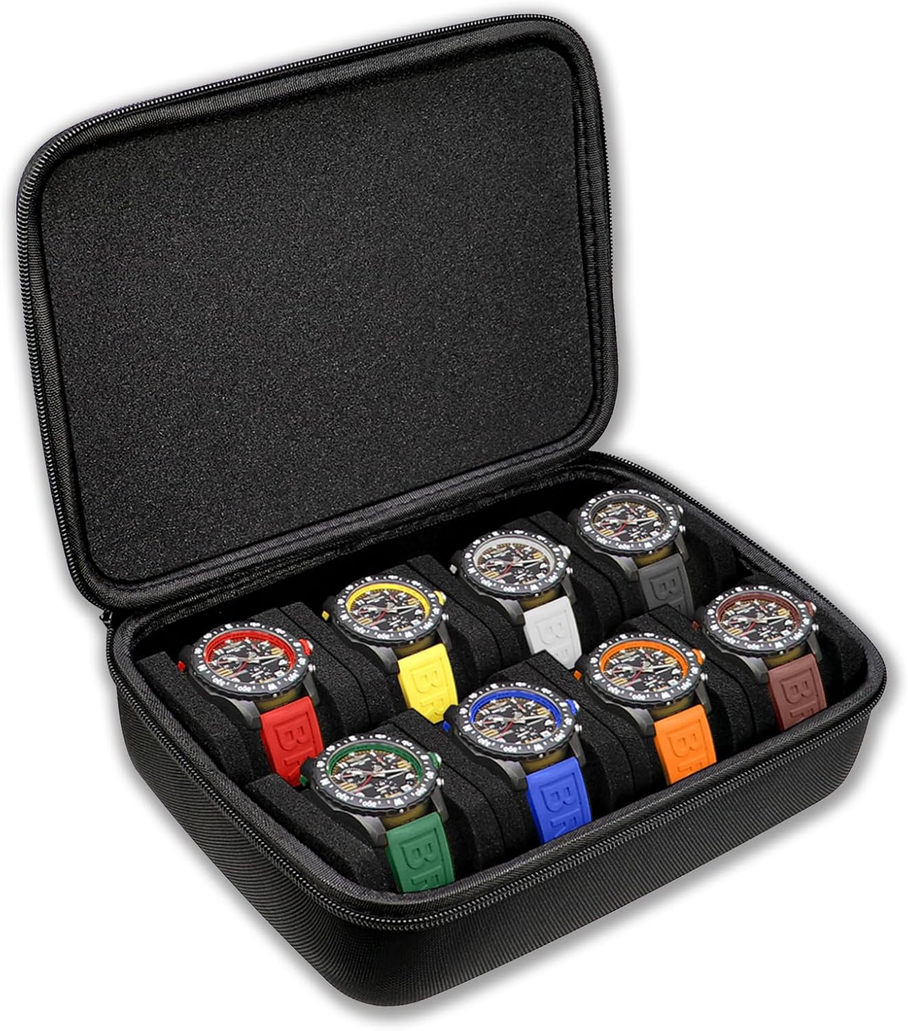Juntan 8 Slots Hard Watch Travel Case, Portable Nylon Zipper Storage Organizer Box for Men Women with Soft Compressible Foam Pillow Black