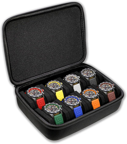 Juntan 8 Slots Hard Watch Travel Case, Portable Nylon Zipper Storage Organizer Box for Men Women with Soft Compressible Foam Pillow Black