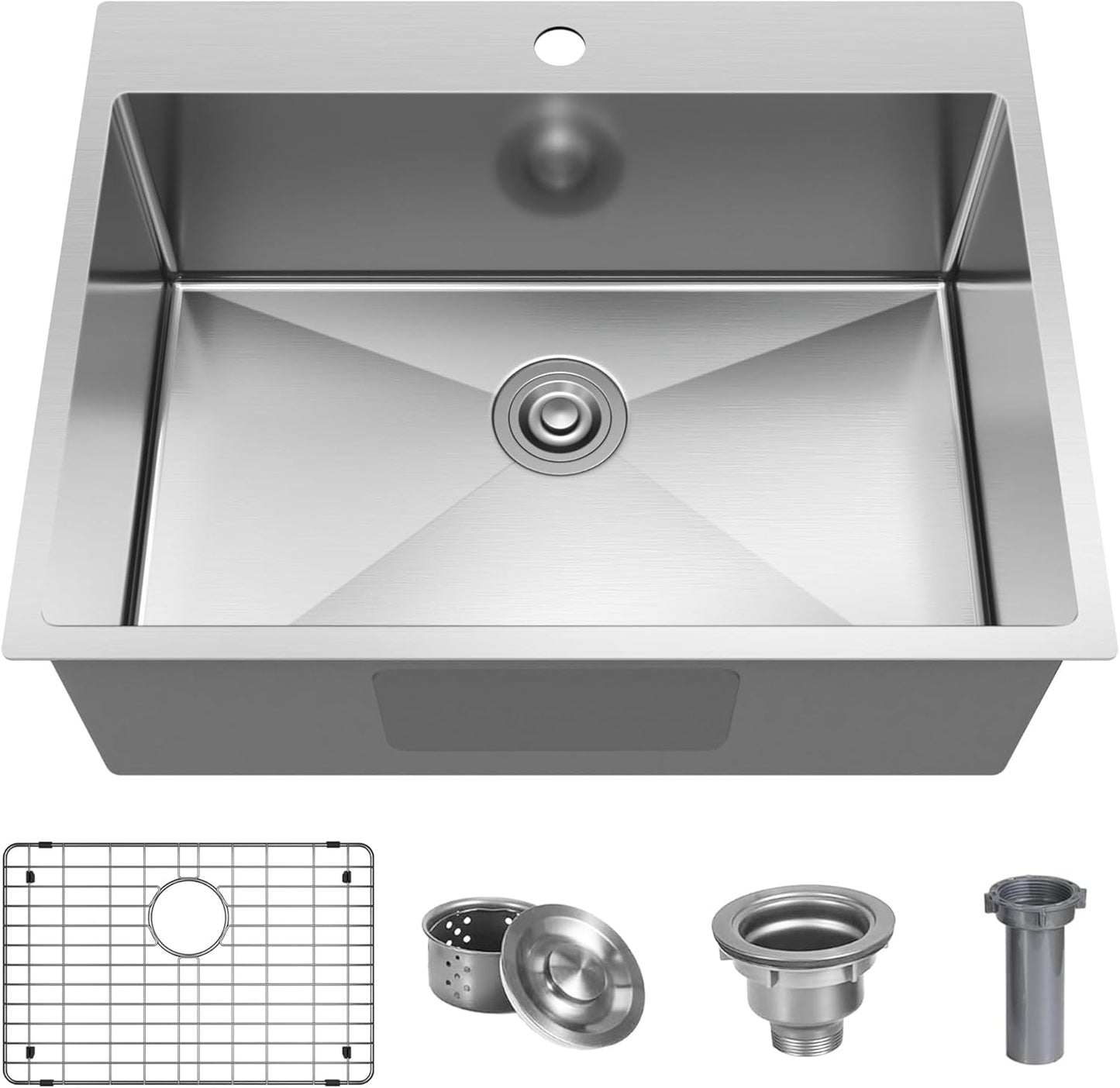 25x22 Inch Drop In Kitchen Sink, 25 Inch Kitchen Sink Top Mount 18 Gauge 304 Stainless Steel Single Bowl KitchenSink With Grid Handmade Topmount KitchenSink Drop In