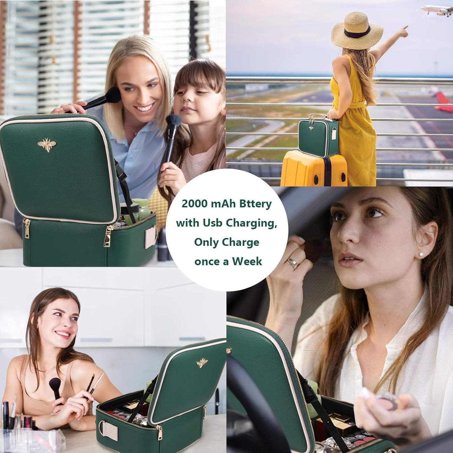 Travel Makeup Bag with Mirror of LED Lighted, Rechargeable Cosmetic Train Case Artist Makeup Organizer for Women with Adjustable Dividers, Makeup Brushes Holder and Strap (Green)