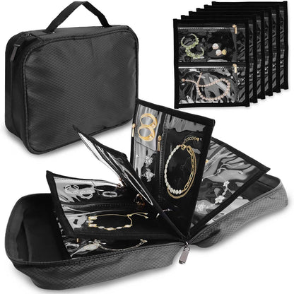 Travel Jewelry Case Organizer for Women, Jewelry Binder with 6 Clear Zipper Pouches