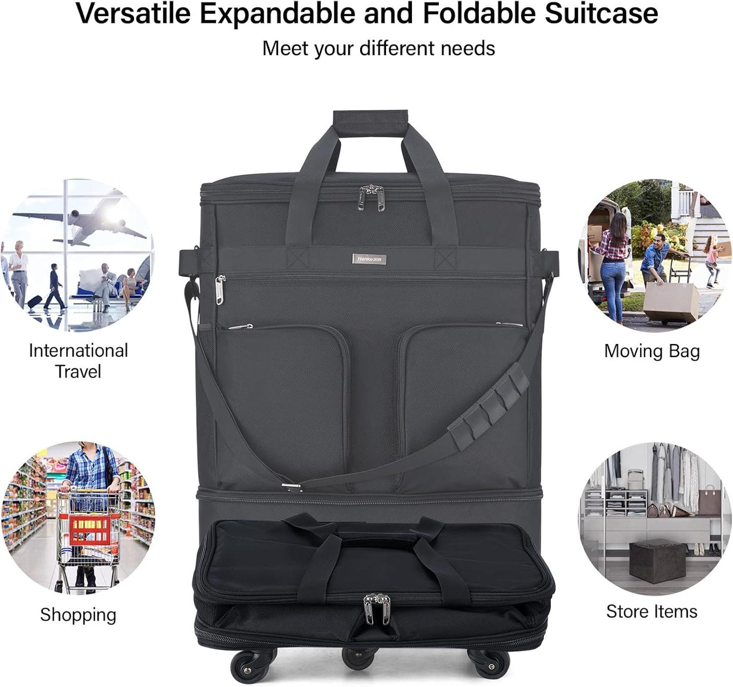 Hanke Expandable Collapsible Luggage with Wheels Suitcase Luggage Rolling Travel Bag Duffel Bag for Men Women Lightweight Suitcase Large Capacity Luggage with Spinner Wheel (Black)