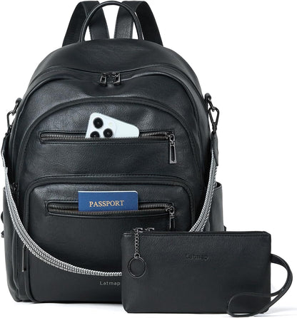 Backpack Purse for Women Laptop Backpack, Leather Travel Backpack Shoulder Bag Teacher College Daypack Work Handbag fits 14" Laptop-Black