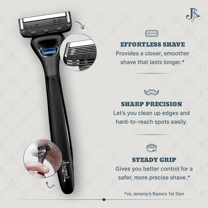 Jeremy's Razors for Men: Precision 5 Blade Razor - Stainless Steel Blades, Lubricating Strip, Precision Trimmer - Men's Shaving Kit, Travel Face Body Head Shavers (1 Razor 4 Cartridges)