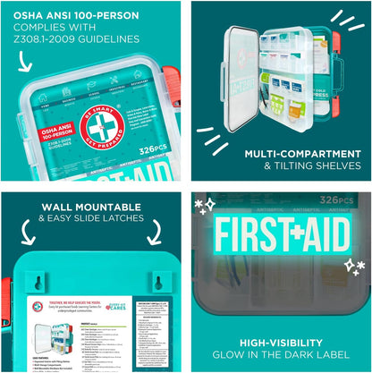 Be Smart Get Prepared First Aid Kit, Teal, 326 Piece, Exceeds OSHA and ANSI Guidelines 100 People - Office, Home, Car, School, Emergency, Survival, Camping, Hunting and Sports
