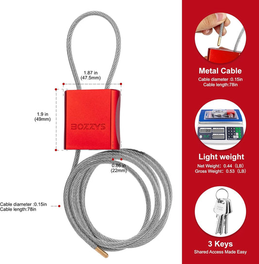 Adjustable Cable Locks with 3 Keys | 6.56ft L x 1/6in D Aluminum Steel Cable Padlock for Bikes, Gate, Lockers & Outdoor Gear | Keyed Different & Red