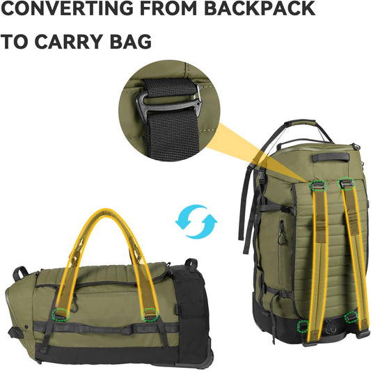 85L 29“ Foldable Rolling Backpack with Wheels, Soft-Side Travel Duffle Bag with Separate Shoe Compartment, Full Quilted Bottom, Army Green