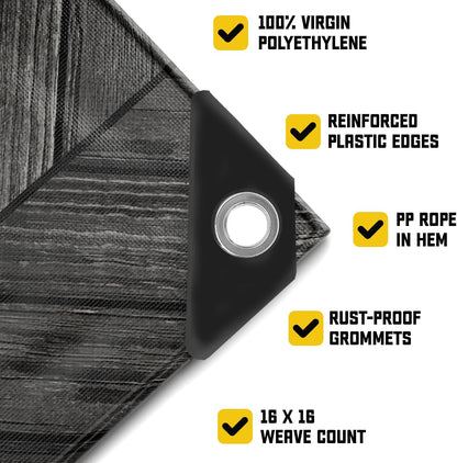 Core Tarps Extreme Heavy Duty 20 Mil Tarp Cover, Waterproof, UV Resistant, Rip and Tear Proof, Poly Tarpaulin with Reinforced Edges for Roof, Camping, Patio, Pool, Boat (Grey Wood/Black 8′ X 10′)