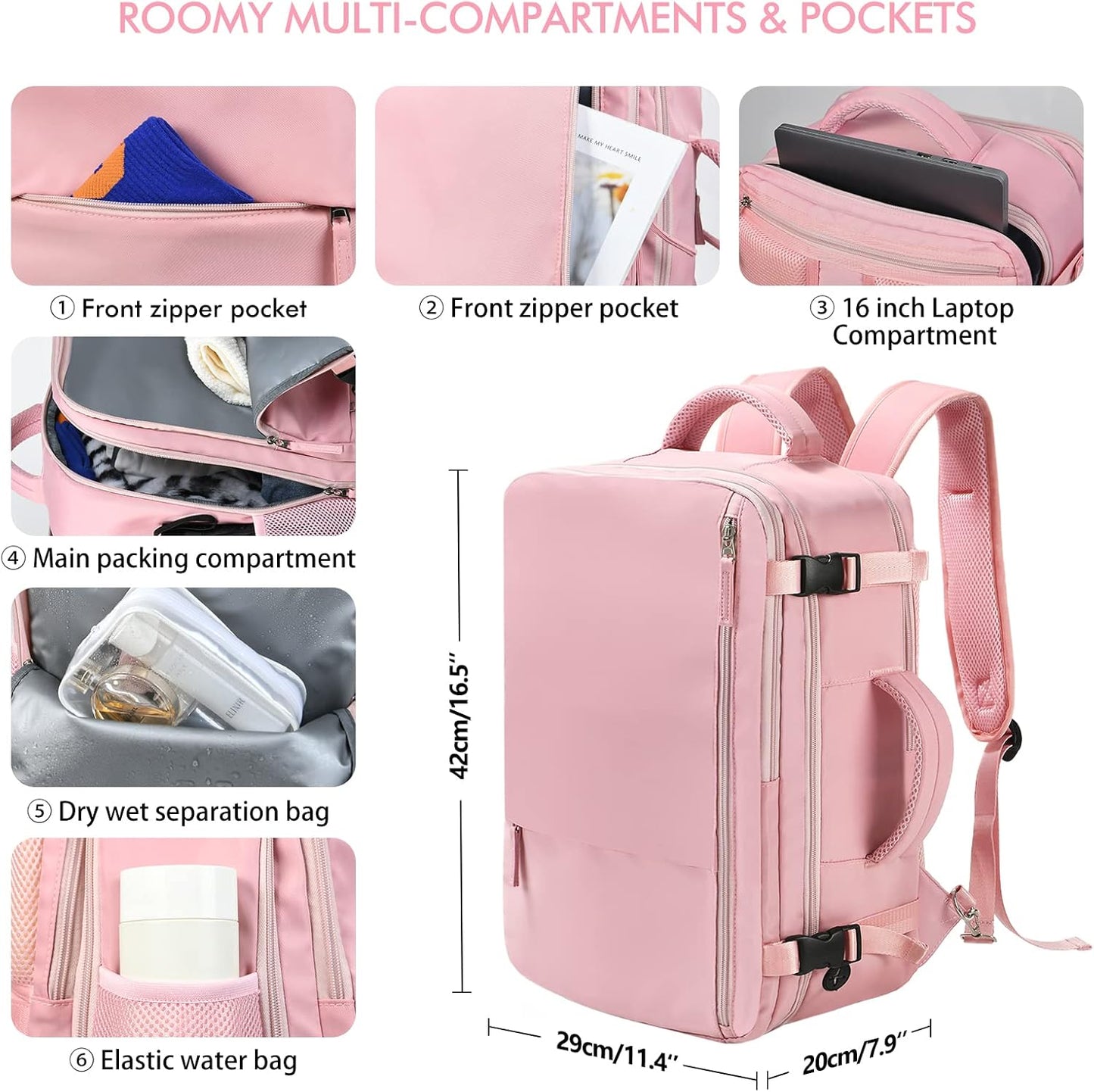 Beraliy Travel Backpack for Women, Airline Approved Bag, Carry On Waterproof Hiking Backpack, 16 inch Laptop Backpack, Overnight Bag, Pink