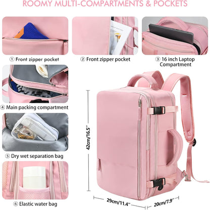 Beraliy Travel Backpack for Women, Airline Approved Bag, Carry On Waterproof Hiking Backpack, 16 inch Laptop Backpack, Overnight Bag, Pink