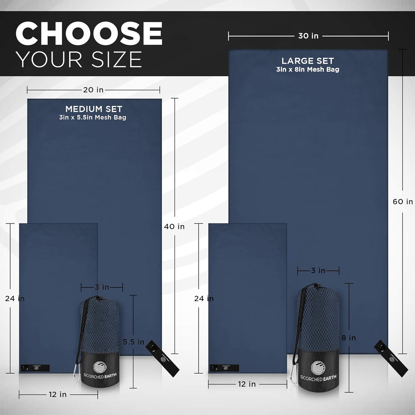 ScorchedEarth Microfiber Travel & Sports Towel Set - Quick Dry, Super Absorbent, Compact, Lightweight - for Camping, Backpacking, Hiking, Beach, Yoga, Swimming - Includes 2 Sizes + Carrying Bag & Clip