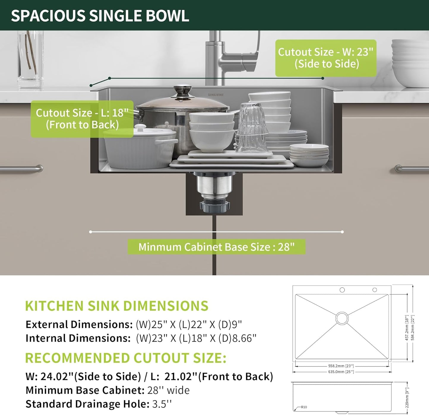 25-Inch Drop-In Kitchen Sink, SINKVINE 25" x 22" Stainless Steel Indoor and Outdoor Sink, Top Mount Large Deep Single Bowl Sink for Laundry Room, with Drain Strainer, Bottom Grid, Roll-up Drying Unit