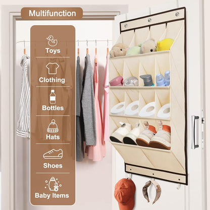 FENTEC 2 Pack Over the Door Shoe Organizer, Hanging Shoe Organizer, 28 Large Deep Pockets Door Shoe Rack with 6 Hooks Shoe Organizer for Shoes, Sneakers, and Home Accessories, Beige