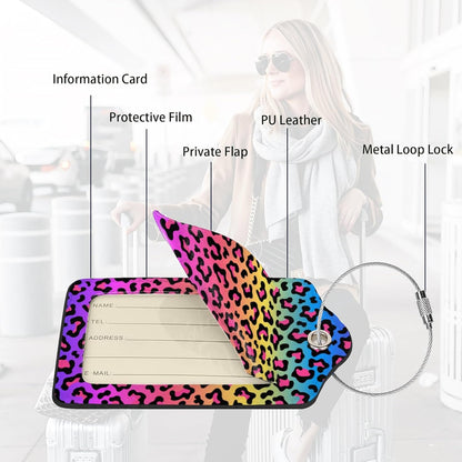 Rainbow Leopard Print 2 Pack Luggage Tags for suitcases Cute Color Leopard Luggage Tag, Leather Stainless Steel Loop Label Tag for Men Women Travel Bag Suitcase（Leopard）