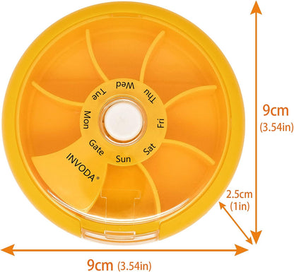 INVODA Weekly Pill Organizer 7 Compartment Rotating Pill Box for Daily Medication & Vitamins - Portable Travel Pill Case Fish Oil Supplements Vitamins Organizer (Green+Sky Blue+Orange)