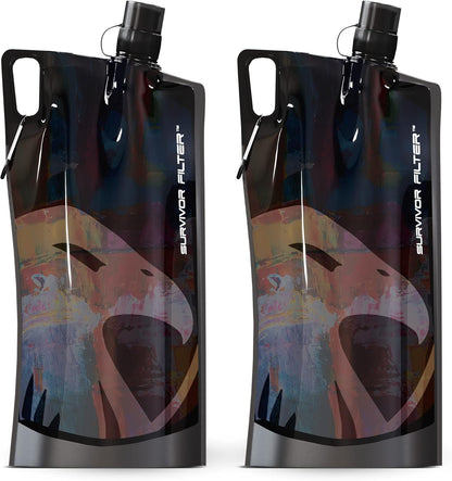 Survivor Filter Clear Collapsible Water Bottles - Travel, Hiking, Foldable, BPA-Free - 2 x
