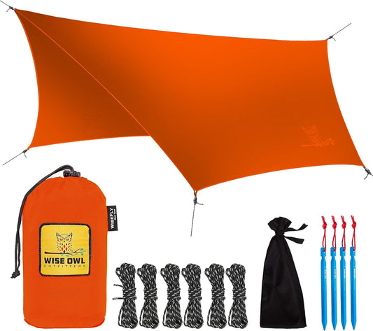 Wise Owl Outfitters Hammock Rain Fly – Waterproof Camping Tarp Cover with Tent Stakes & Carry Bag, Ultralight Shelter for Backpacking & Outdoor Shade