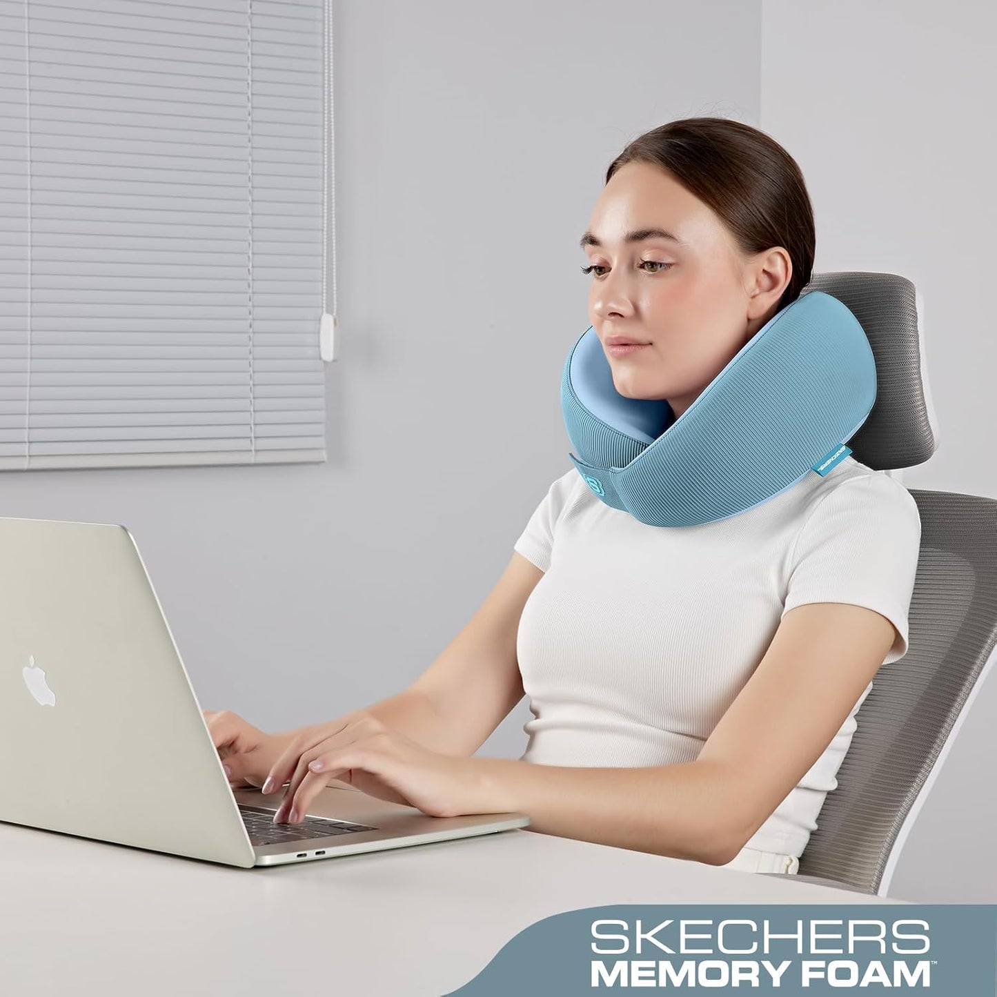 Skechers Women's Memory Foam Neck Pillow, Comfortable & Breathable Travel Pillow,Neck Pillow Airplane for Travel, Car Rides, Home, and Office Use, Ergonomic Design for Men and Women,Light Blue
