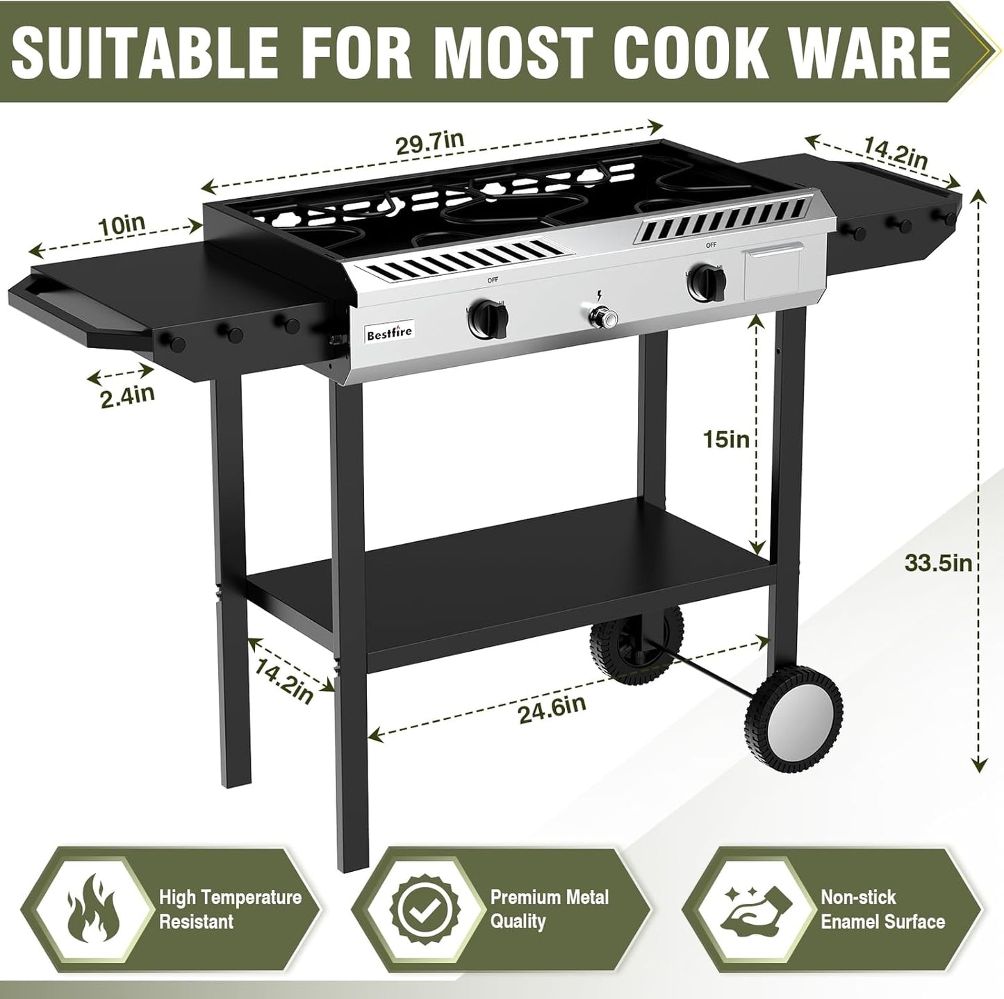 BESTFIRE 2 Burner Propane Gas Stove Outdoor Cooking Station – 150,000 BTU Double Cast Iron Burner with Auto Ignition, Regulator, Side Shelves & Wheels – Portable No-Windshield Design for Camping