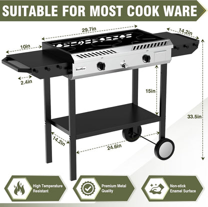 BESTFIRE 2 Burner Propane Gas Stove Outdoor Cooking Station – 150,000 BTU Double Cast Iron Burner with Auto Ignition, Regulator, Side Shelves & Wheels – Portable No-Windshield Design for Camping