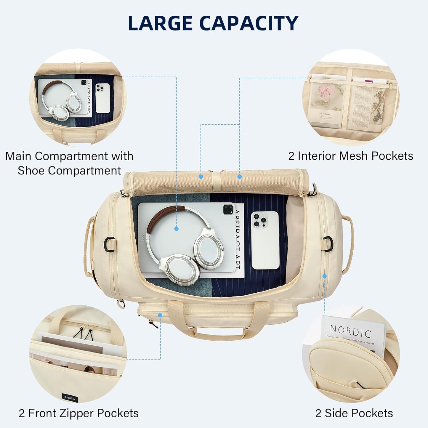 Large Travel Duffle Gym Bag with Shoe Compartment, Underseat Carry On Luggage Overnight Weekender Personal Item Workout Bags for Women Men (Offwhite)