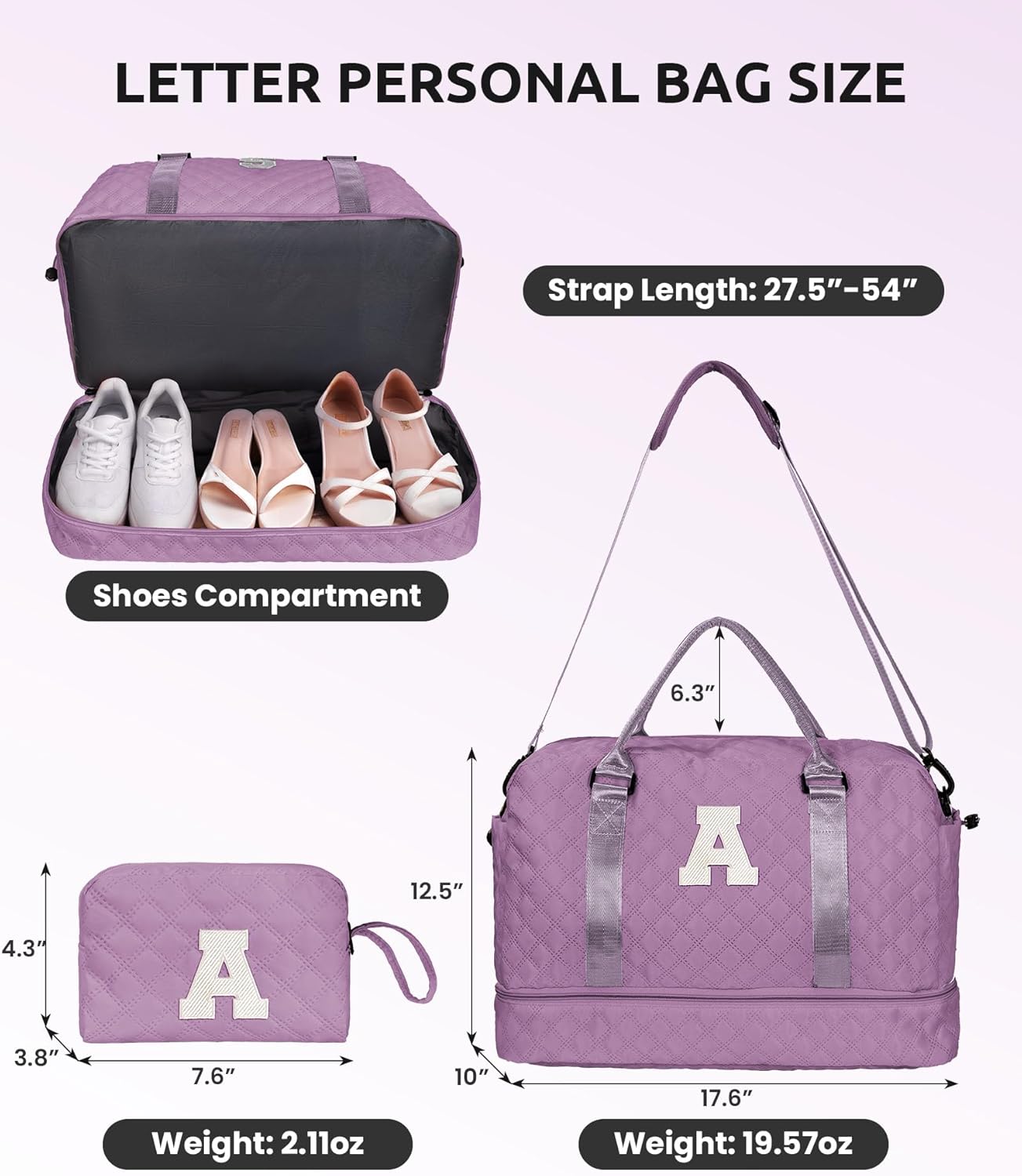 Birthday Gifts for Women-Duffle Bag with Shoe Compartment, Personalized Weekender Bag, Monogram Overnight Bag, Letter Travel Bag with Makeup Bag，Preppy Gifts For Girl (Letter V)