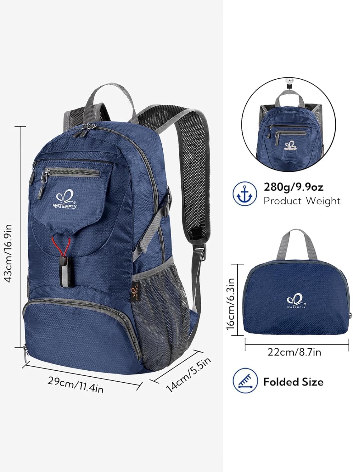 WATERFLY Small Lightweight Packable Backpack: 20l Ultra Light Foldable Travel Hiking Camping Daypack Day Pack for Man Woman