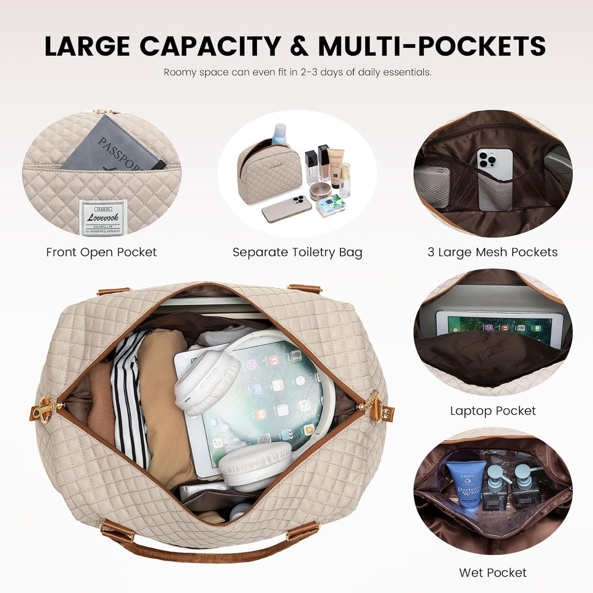 LOVEVOOK Travel Duffle Bag,Weekender Bags for Women with Shoe Compartment，Carry on Overnight Bag with Toiletry Bag,Gym Duffel Bag with Wet Pocket, Hospital Bags for Labor and Delivery