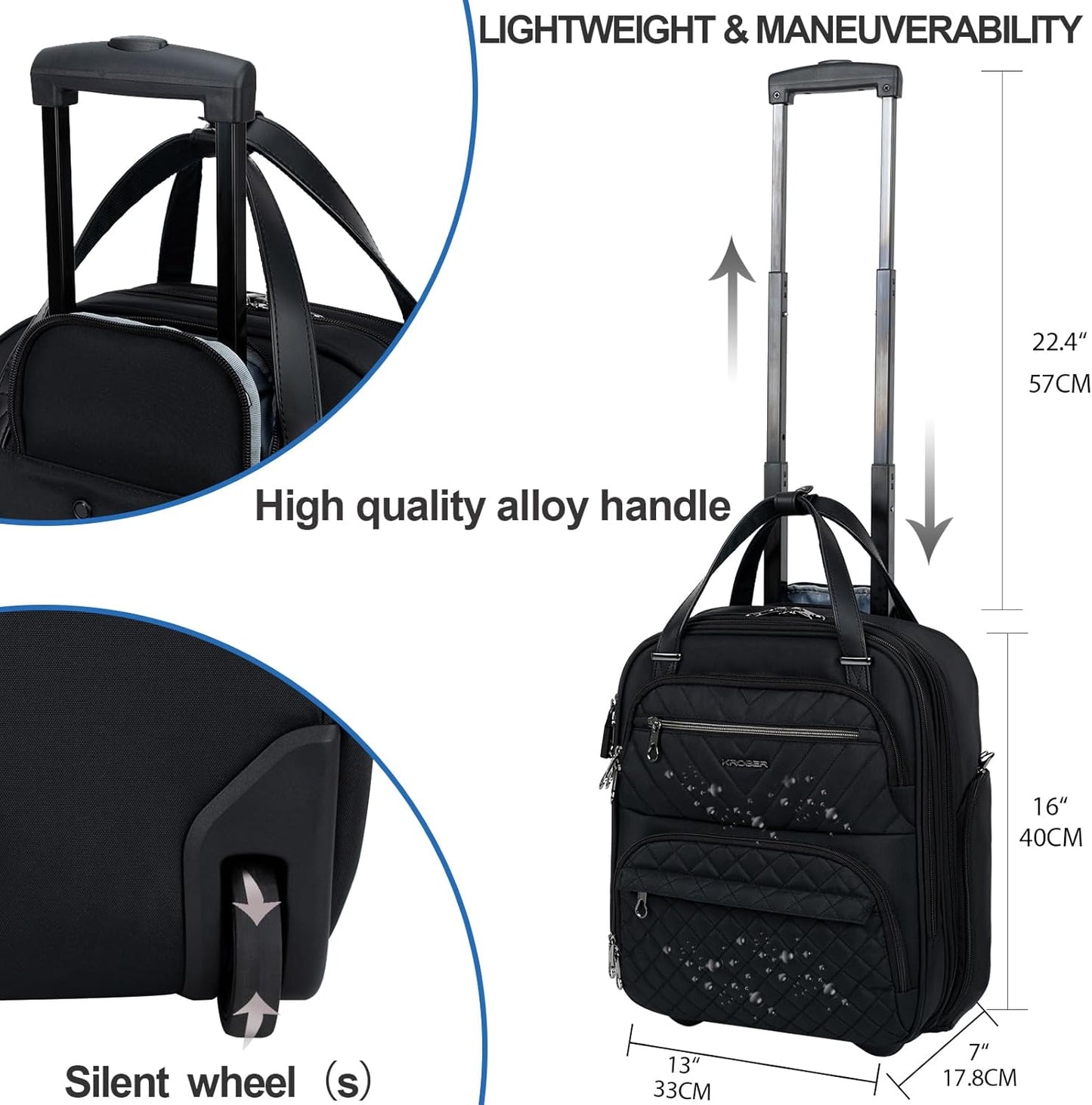 KROSER Carry On Underseat Multi-functional, 16-inch Underseater Lightweight Overnight Suitcase for Men Women, Black