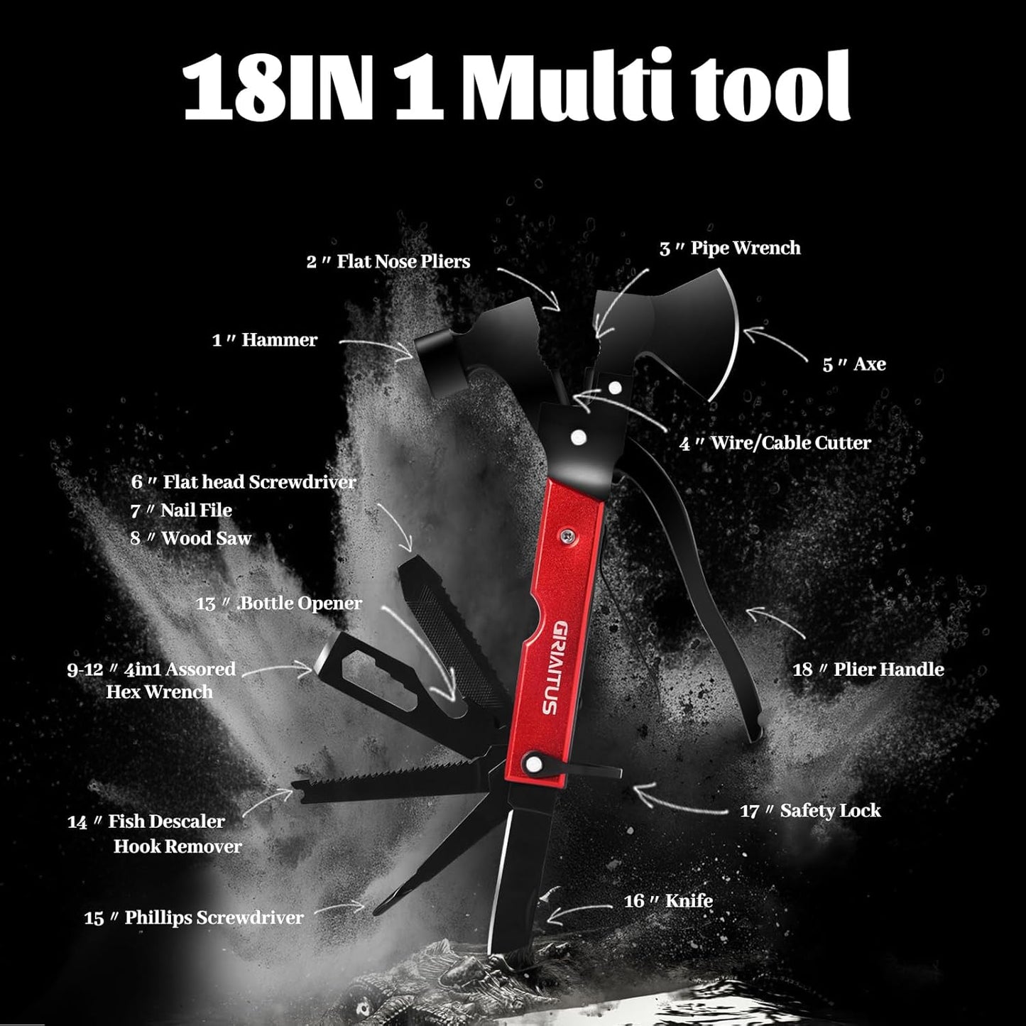 Multitool Camping Accessories Gifts for Men Survival Gear 18 in 1 Camping Multi Tool with Axe Hammer Saw Screwdrivers Pliers Bottle Opener Stocking Stuffers Gifts for Men Dad Him