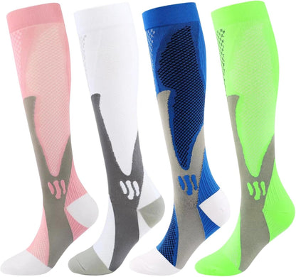 Kickticks 4 Pairs Compression Socks for Woman & Man Unisex 20-30mmHg Knee high Plus Size Wide Calves for Flying Running…