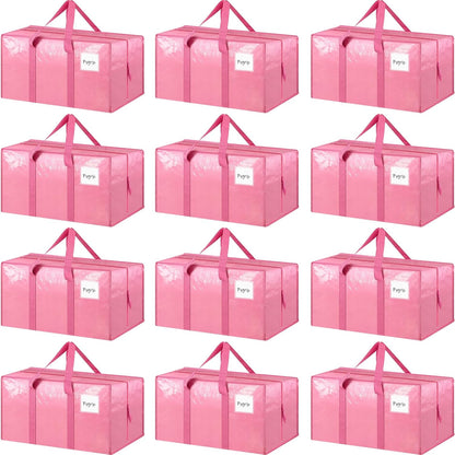 12 Pack Extra Heavy Duty Large Moving Bags with Strong Zipper & Comfortable Handles, Sturdy & Durable Clothes Storage Bags Totes Bins, Packing Moving Boxes for College Supplies, Pink