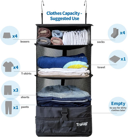 Grand Fusion Stow-N-Go Travel Luggage Organizer – Portable Hanging Travel Shelves, Carry-On Closet Organizer, Hanging Packing Cubes, Collapsible Carry-On Organizer for Cruises & Hotels. Black - L