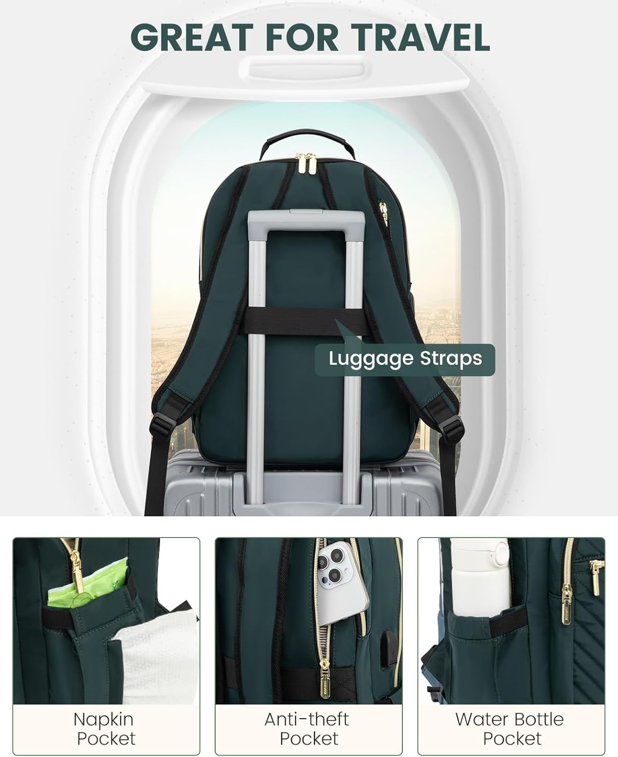 LOVEVOOK Laptop Backpack Purse for Women, Work Business Travel Computer Bags, College Nurse Backpack for Womens, Quilted Casual Daypack with USB Port, Fit 15.6 Inch Laptop, Deepgreen